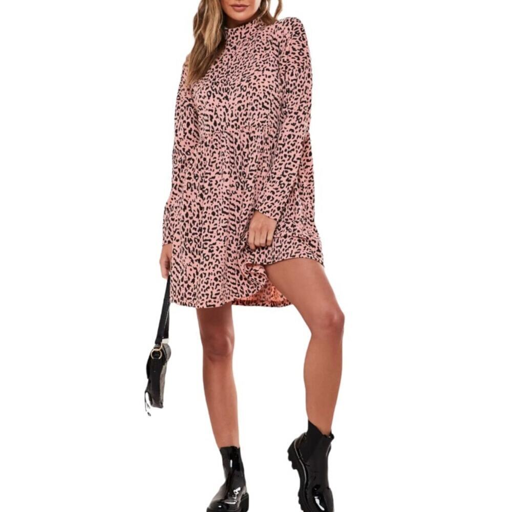 Missguided High Neck Jersey Smock Blush Pink Leopard Print Dress